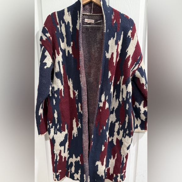 Knox Rose Blue and Red Patterned Duster Blanket Cardigan Cozy Warm Fall Outdoors - Picture 1 of 6